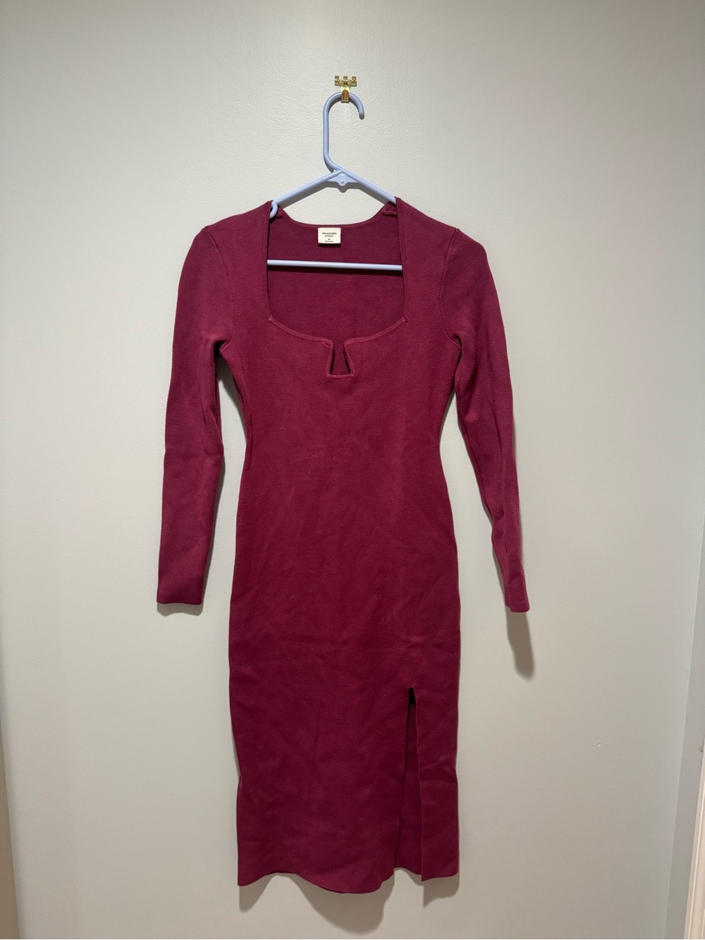 Abercrombie Fitch Wine Knit Midi Dress Size SP Square Neck Front Slit Bodycon